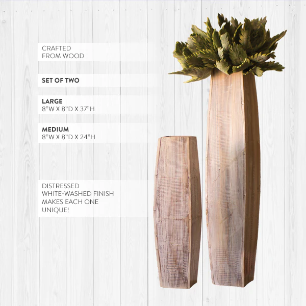 Tall White-Washed Wooden Vases, Set of 2