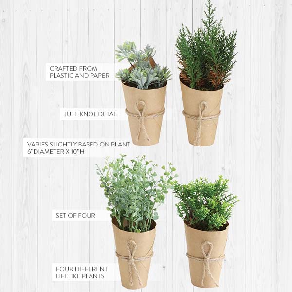 Faux Plants in Paper Wrapped Pots, Set of 4
