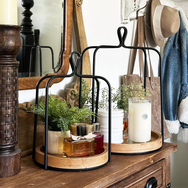 Metal Framed Tray Hanging Lanterns, Set of 2