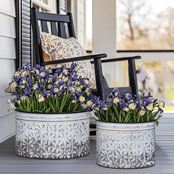 Distressed Metal White Planters with Handles, Set of 2