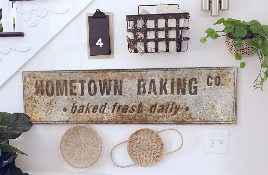Embossed Metal Baking Sign with Rusted Patina