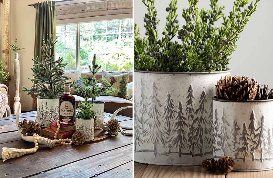 Embossed Metal Snowy Tree Planters, Set of 3