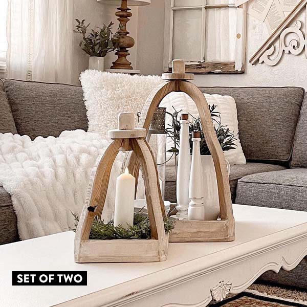Rustic Wood Cloche Inspired Lanterns, Set of 2