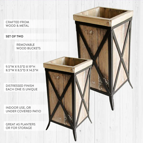 Tall Crisscross Wood and Metal Planters, Set of 2