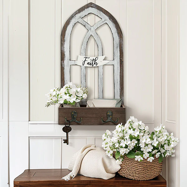 Cathedral Window Storage Shelf with Hooks