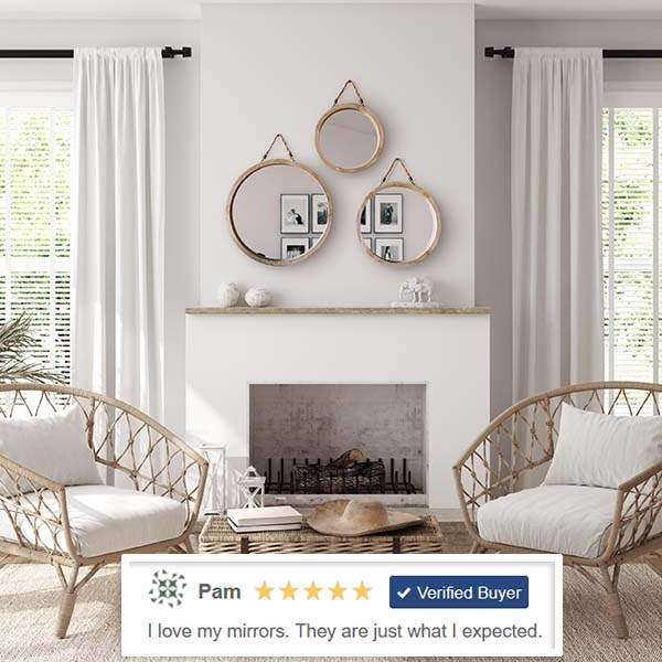 Round Wooden Framed Mirrors, Set of 3