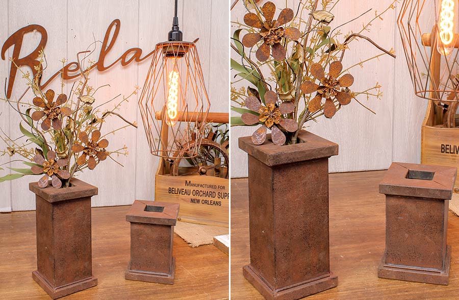 Rusted Metal Riser Flower Pots, Set of 2