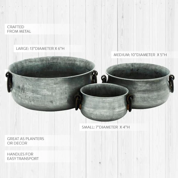 Large Metal Bowl Planters, Set of 3