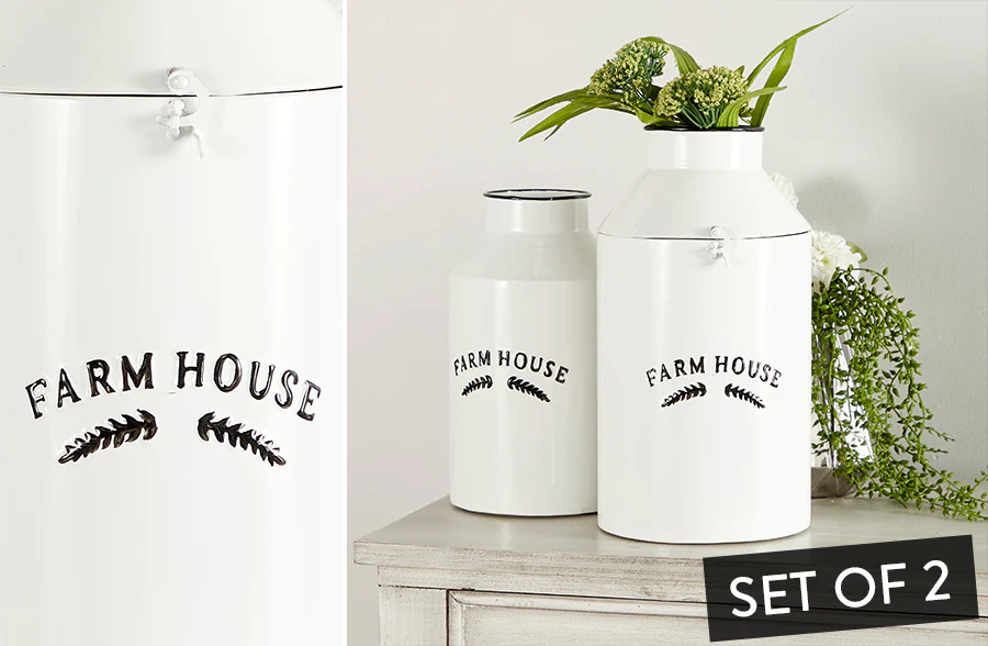 Chippy Enamel Farm House Milk Jugs, Set of 2