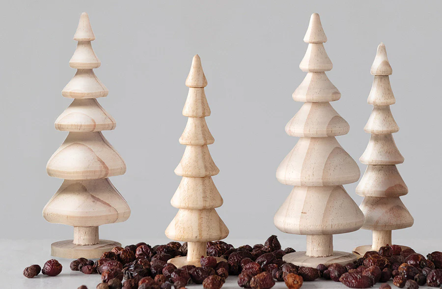 Natural Wooden Carved Trees, Set of 4