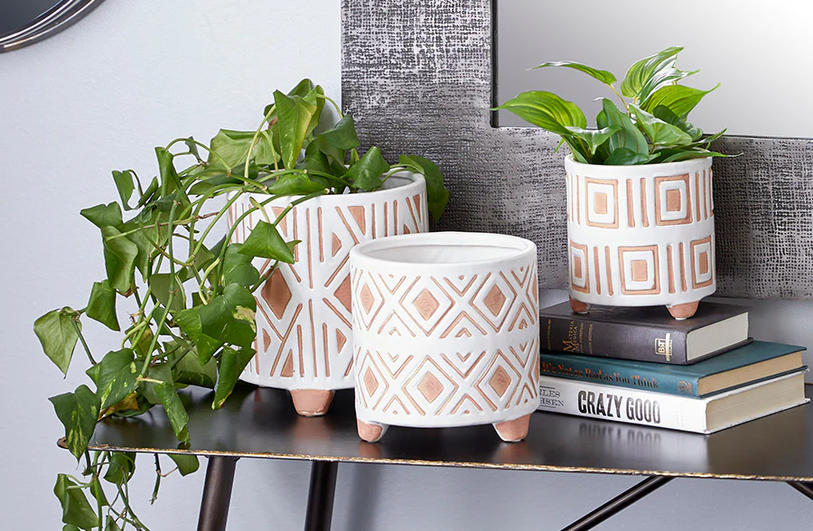 Tribal Inspired Ceramic Planters, Set of 3