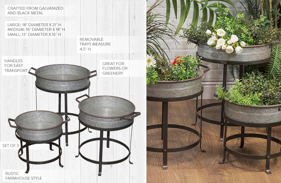 Removable Galvanized Tray Planters on Stand, Set of 3