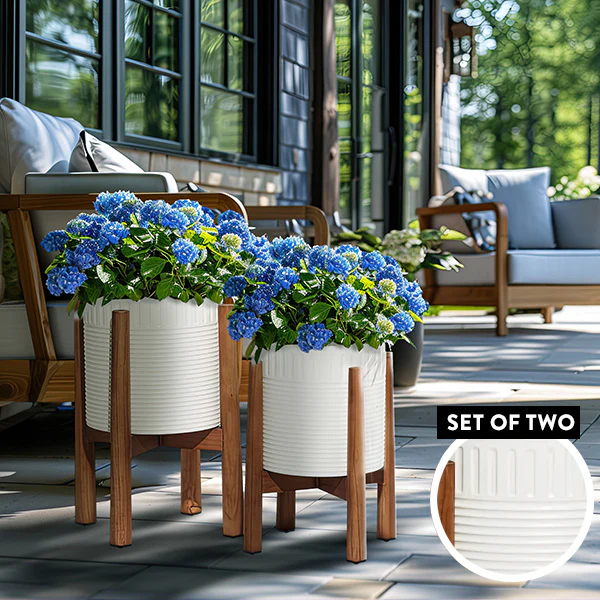 Matte White Iron Planters on Removable Stands, Set of Two