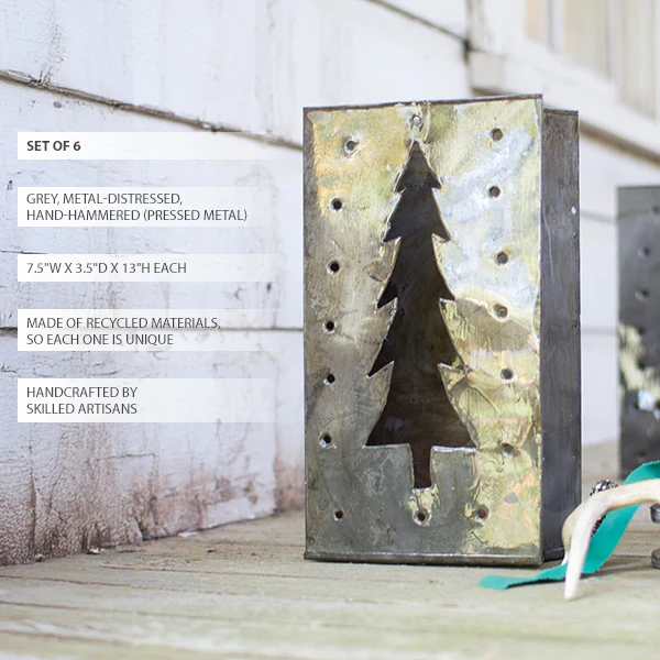 Hand-pressed Tin Bag Christmas Tree Luminary, Set of 6