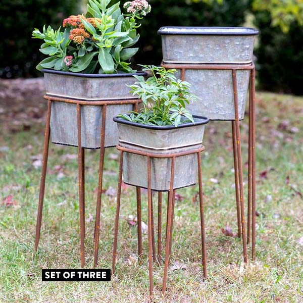 Galvanized Planters on Rusted Finish Stands, Set of 3