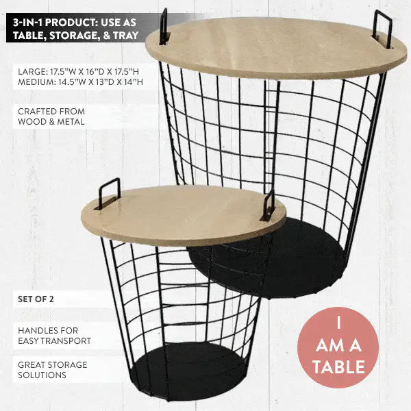 Refined Modern Farmhouse Metal Storage Bins with Wooden Lids, 3-in-1 Steal, Set of 2