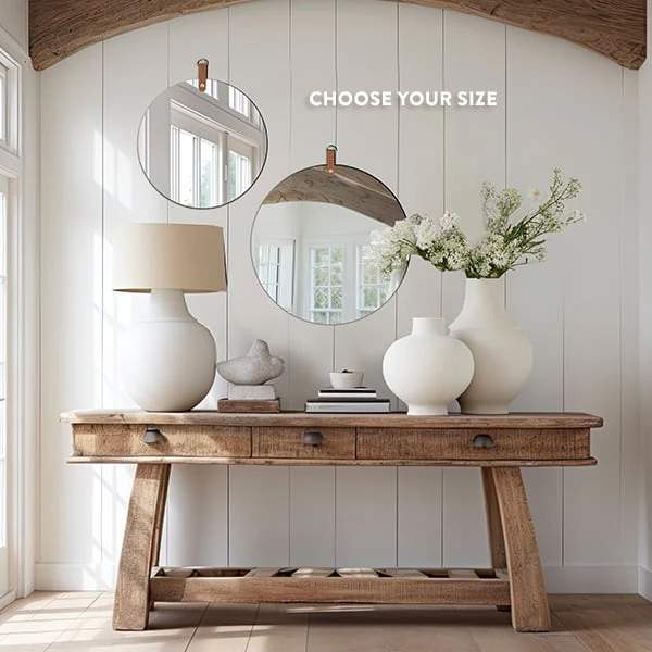 Round Wall Mirror with Leather Like Hanger, Pick Your Size