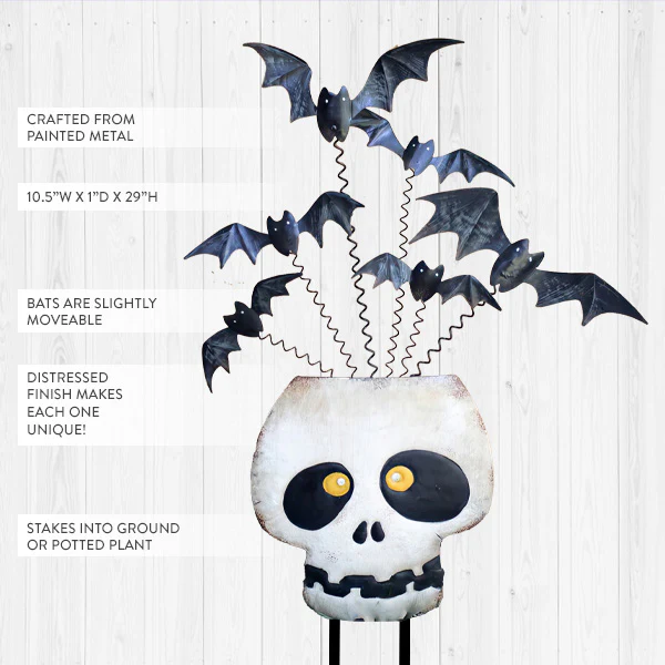 Painted Metal Halloween Skull with Bats Yard Art
