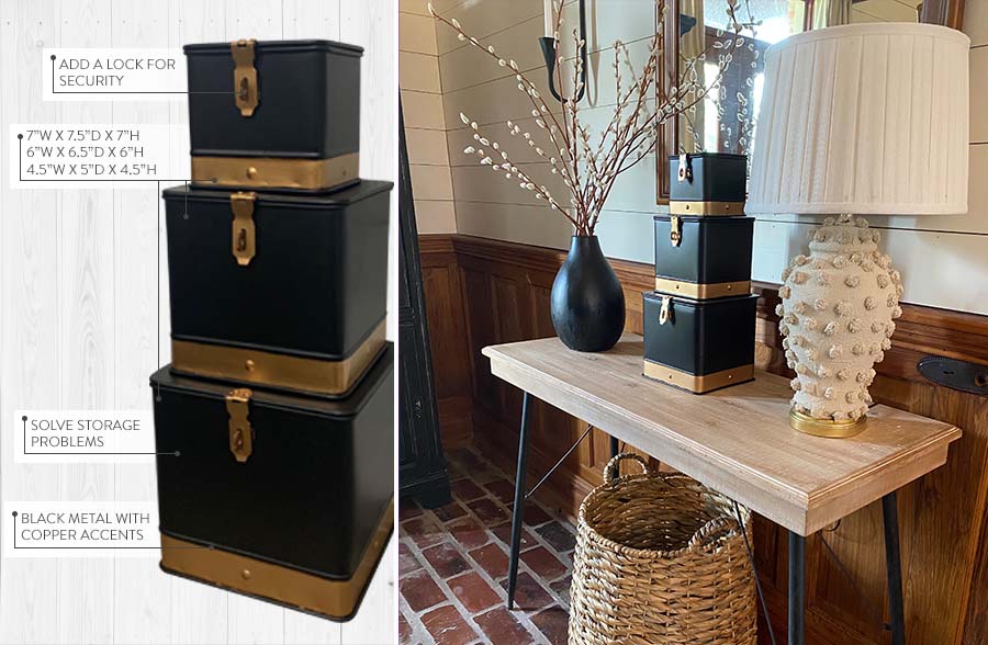 Copper Trim Storage Trunks, Set of 3