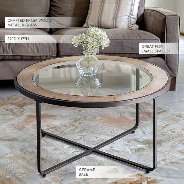 Wood and Glass Industrial Round Coffee Table