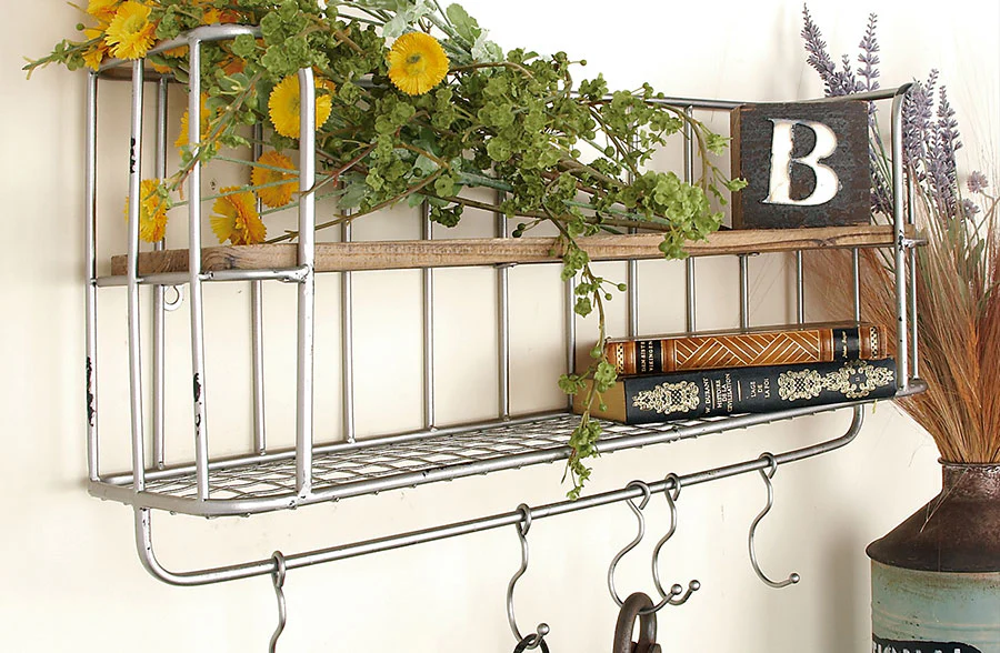 Two Tier Industrial Wire Shelf With Hooks, Set of 2