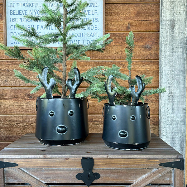 Distressed Metal Deer Planters with Antlers, Set of 2