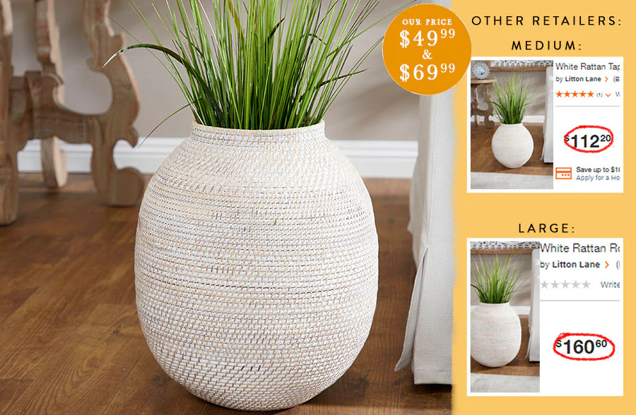 LARGE Whitewashed Woven Rattan Vase, Pick Your Size