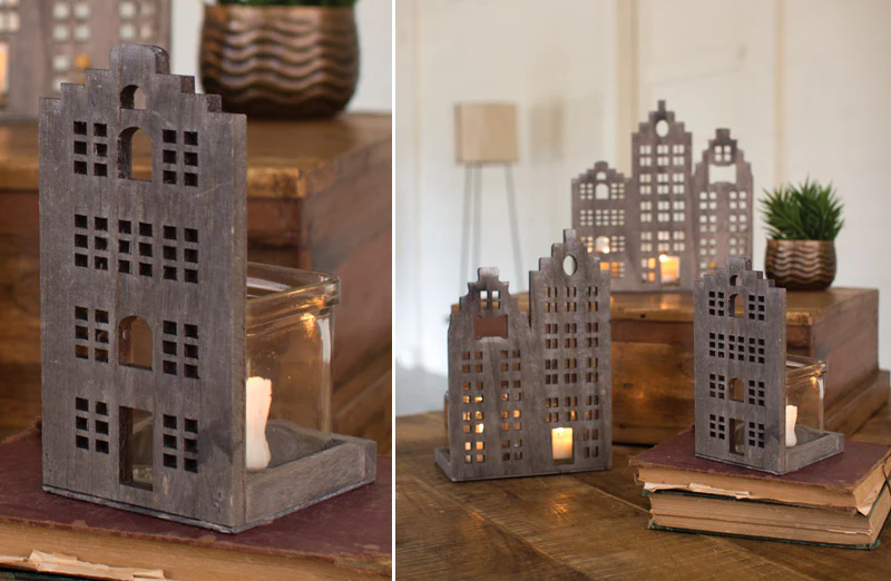 Wooden Building Candle Stands  Set of 3