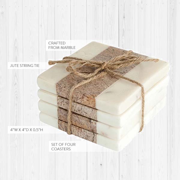 Square Marble Coasters with Jute String, Set of 4