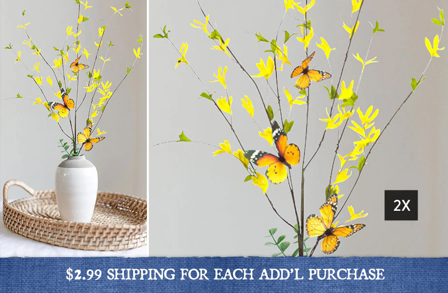 Lifelike Forsythia Spray With Butterflies, Set of 2