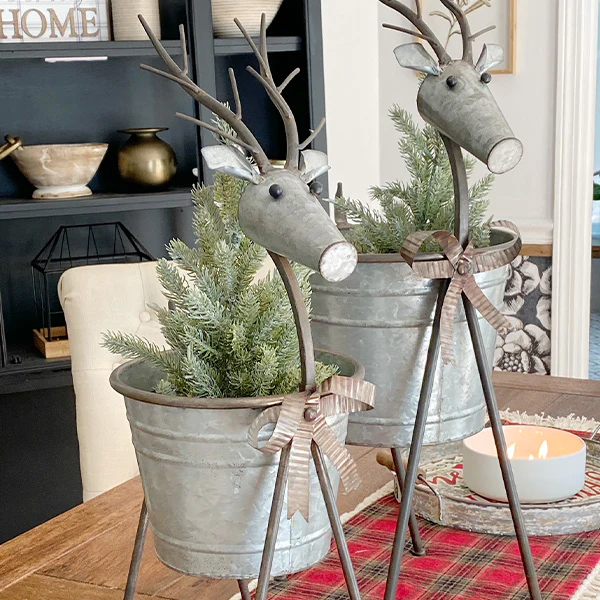 Galvanized Metal Reindeer Planters, Set of 2
