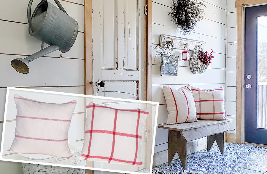 Brushed Cotton Cream and Red Pillows, Set of 2