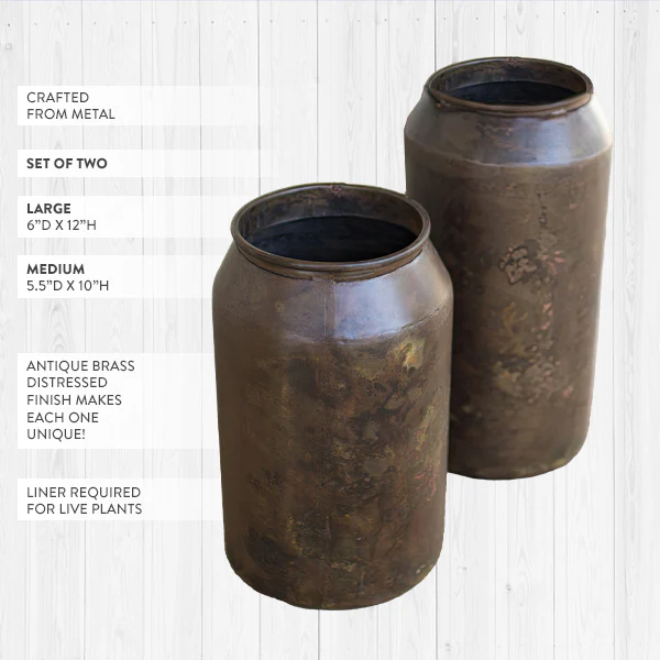 Weathered Brass Finish Flower Vases, Set of 2