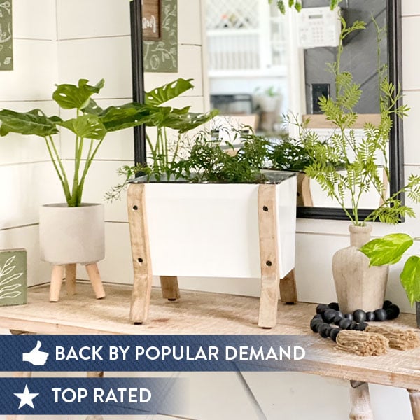 Vintage Inspired Farmhouse Enamel Planter with Wood Stand