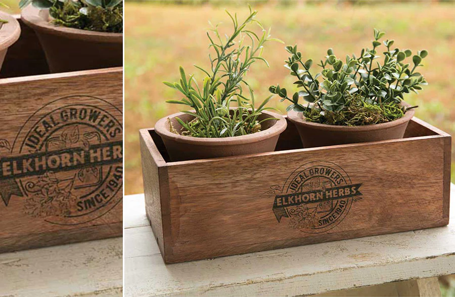 Wooden Herb Box With Handmade Terracotta Pots