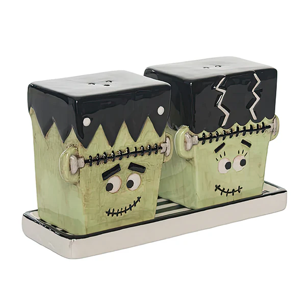 Frankenstein & Bride Salt Pepper Shakers with Plate
