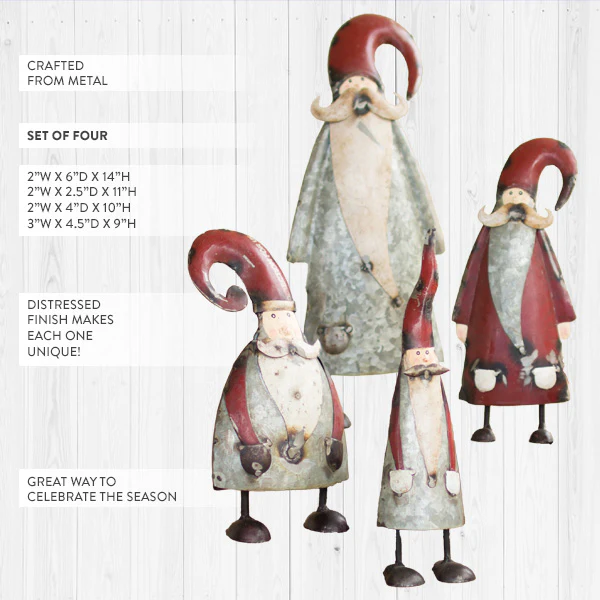 Galvanized Metal Tabletop Santas, Set of 4