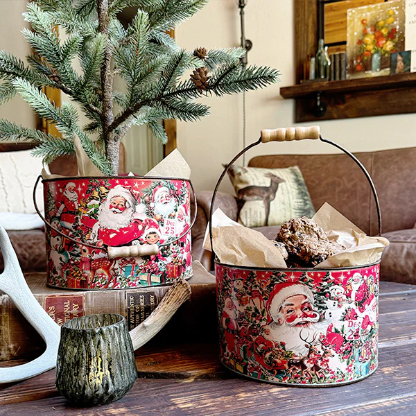 Vintage Inspired Santa Patterned Buckets, Set of 2