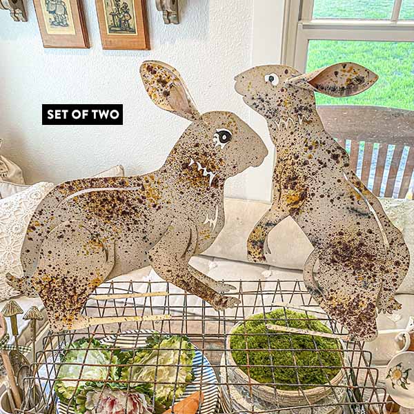 Distressed Metal Bunny Sculptures, Set of 2