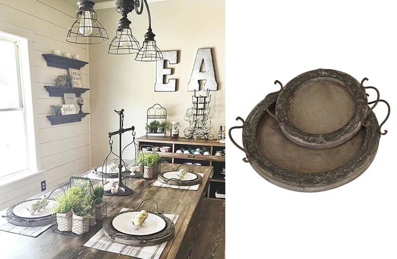 Carved Wooden Round Serving Tray  Set Of 2