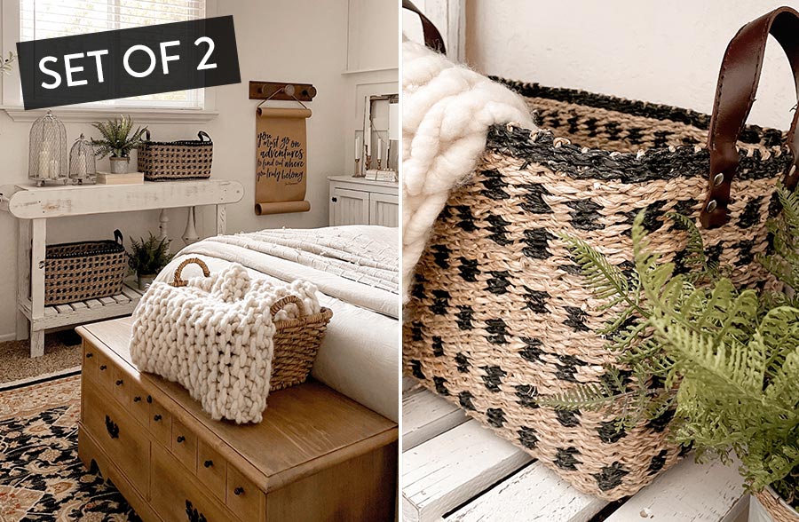 Handmade Woven Seagrass Baskets with Handles, Set of 2