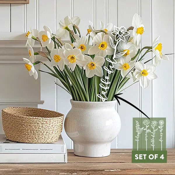 Raw Steel Birth Month Spring Flower Bouquet Markers, Set of 4