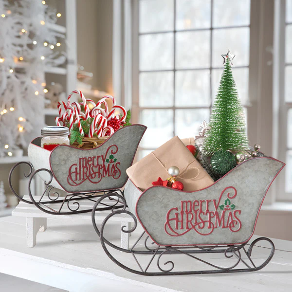 Embossed Metal Christmas Sleighs, Set of 2