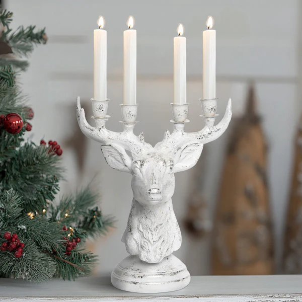 White Distressed Reindeer Candle Holder