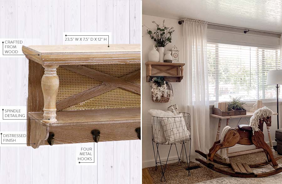 Spindle Wall Shelf with Hooks