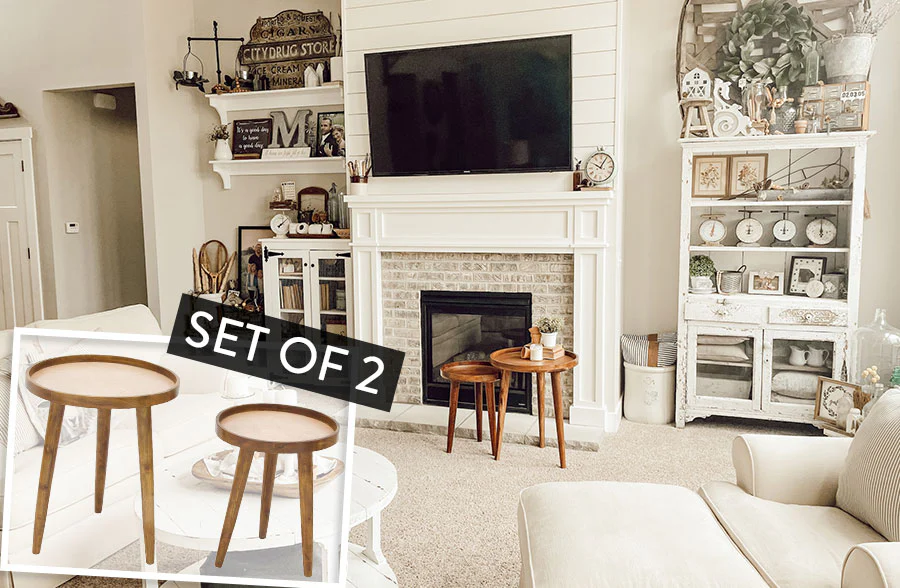 Brown Wooden Tri Leg Contemporary Accent Table, Set of 2