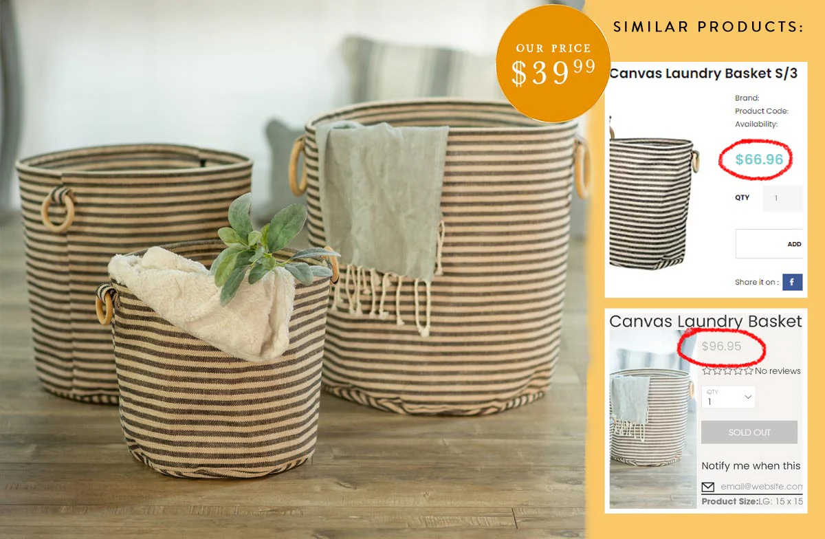 Striped Canvas Baskets with Wood Handles, Set of 3
