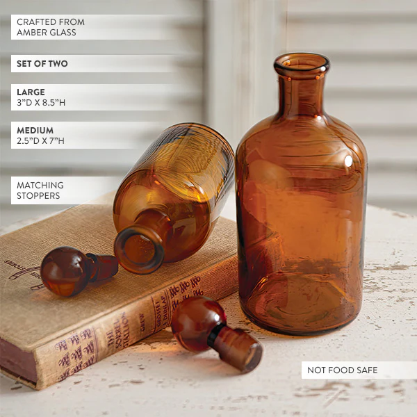 Amber Apothecary Glass Bottles with Stoppers, Set of Two