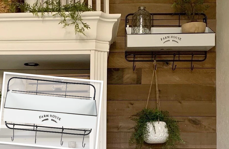 Enamel Wall Shelf with Hooks