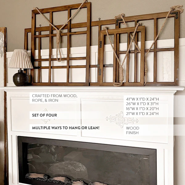 Oversized Dark Wooden Hanging Window Frames, Set of Four